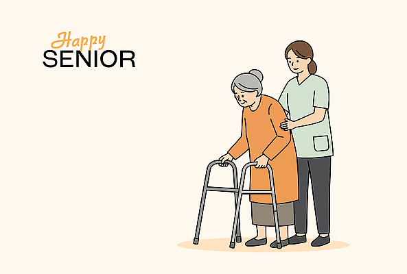 전신 여자 노년 행복 일러스트 미소 성인 두명 실버라이프 잡기 봉사 자원봉사자 보행기 부축 연분홍색 여자만 국내일러스트 AI파일 라이프스타일 감정 분홍색 모션 표정 사람 도움 파일형식 벡터