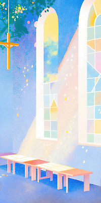 JPG 기독교 십자가 의자 일러스트 창문 나뭇잎 그림자 사람없음 파란색 빛 성당 교회 천주교 예배 국내일러스트 AI일러스트 AI콘텐츠 종교 컬러 가구 잎 종교건축 건물 파일형식