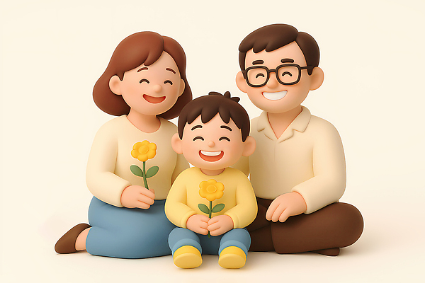 전신 PSD 편집이미지 여자 남자 꽃 행복 어린이 가족 3D캐릭터 따뜻함 웃음 들기 앉기 소년 성인 세명 3D 무릎꿇기 베이지색 안경낌 편집3D 식물 캐릭터 감정 안경 컬러 관계 모션 표정 사람 디지털합성 파일형식