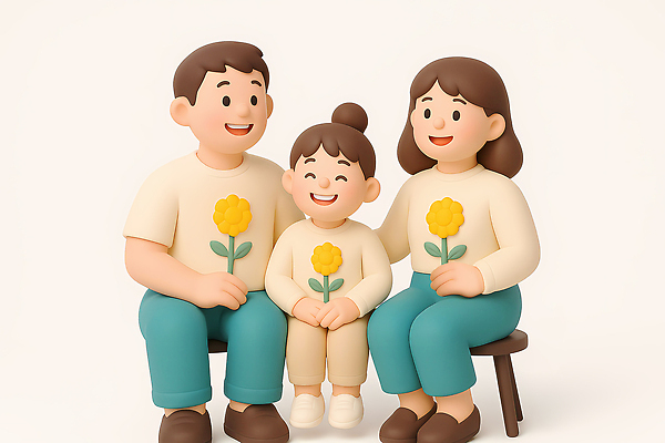 전신 PSD 편집이미지 여자 남자 꽃 행복 어린이 의자 가족 3D캐릭터 따뜻함 웃음 들기 앉기 소녀 성인 세명 3D 베이지색 편집3D 식물 캐릭터 감정 컬러 가구 관계 모션 표정 사람 디지털합성 파일형식