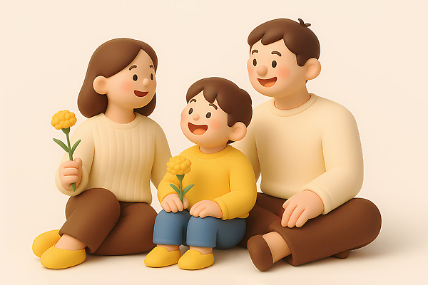 전신 PSD 편집이미지 여자 남자 꽃 행복 어린이 가족 3D캐릭터 따뜻함 웃음 들기 앉기 소년 성인 세명 3D 베이지색 편집3D 식물 캐릭터 감정 컬러 관계 모션 표정 사람 디지털합성 파일형식