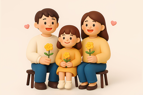 전신 PSD 편집이미지 여자 남자 꽃 행복 어린이 의자 가족 3D캐릭터 따뜻함 미소 웃음 들기 앉기 소녀 성인 세명 3D 하트 베이지색 편집3D 모양 식물 캐릭터 감정 컬러 가구 관계 모션 표정 사람 디지털합성 파일형식