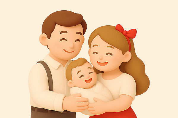 PSD 편집이미지 여자 남자 행복 리본 가족 3D캐릭터 따뜻함 웃음 상반신 성인 세명 3D 아기 머리띠 베이지색 포대기 편집3D 캐릭터 감정 컬러 장신구 관계 표정 사람 아기용품 디지털합성 파일형식