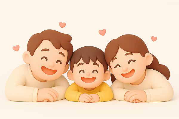 PSD 편집이미지 여자 남자 행복 어린이 가족 3D캐릭터 따뜻함 웃음 소년 상반신 성인 세명 3D 기댐 하트 손모으기 베이지색 편집3D 모양 캐릭터 감정 컬러 관계 모션 표정 사람 손짓 디지털합성 파일형식