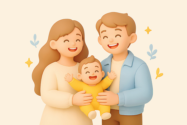 PSD 편집이미지 여자 남자 행복 가족 3D캐릭터 따뜻함 웃음 들기 성인 세명 반짝임 3D 아기 베이지색 편집3D 캐릭터 감정 컬러 관계 모션 표정 사람 디지털합성 파일형식