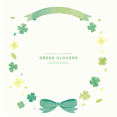PSD 리본 잎 일러스트 수채화 사람없음 초록색 네잎클로버 원형프레임 세잎클로버 카피스페이스 국내일러스트 식물 컬러 프레임 공백 원형 클로버 파일형식