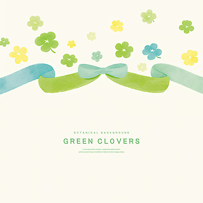 PSD 리본 일러스트 수채화 사람없음 초록색 네잎클로버 세잎클로버 카피스페이스 국내일러스트 식물 컬러 공백 클로버 파일형식