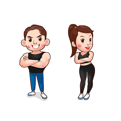 전신 여자 남자 일러스트 미소 성인 두명 운동복 팔짱 트레이너 성인만 일러캐릭터 AI파일 캐릭터 옷 모션 표정 사람 헬스 파일형식 벡터