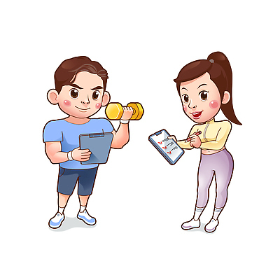 전신 여자 남자 일러스트 미소 들기 성인 두명 운동복 태블릿 펜 아령 트레이너 성인만 일러캐릭터 AI파일 캐릭터 옷 모션 표정 사람 전자제품 스마트기기 필기구 헬스 파일형식 벡터