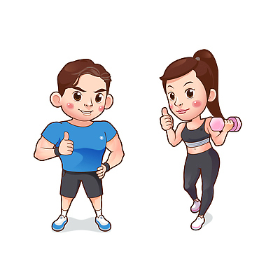 전신 여자 남자 허리손 일러스트 미소 들기 성인 두명 운동복 아령 트레이너 따봉 성인만 일러캐릭터 AI파일 캐릭터 옷 포즈 모션 표정 사람 헬스 최고 파일형식 벡터