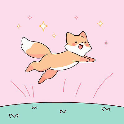 분홍색 일러스트 미소 잔디 사람없음 반짝임 귀여움 점프 여우 국내일러스트 AI파일 식물 컬러 컨셉 포유류 모션 표정 파일형식 벡터