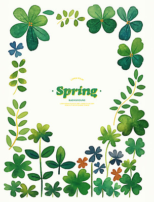 PSD 일러스트 봄꽃 수채화 프레임 사람없음 초록색 풀잎 클로버 카피스페이스 국내일러스트 꽃 컬러 잎 봄 공백 풀_식물 파일형식
