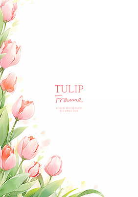 PSD 분홍색 잎 일러스트 수채화 사람없음 튤립 꽃프레임 카피스페이스 국내일러스트 식물 꽃 컬러 프레임 공백 파일형식