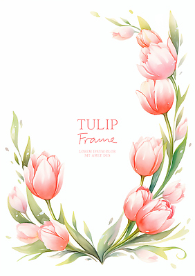 PSD 분홍색 잎 일러스트 수채화 사람없음 튤립 꽃프레임 카피스페이스 국내일러스트 식물 꽃 컬러 프레임 공백 파일형식