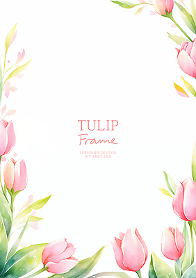 PSD 분홍색 잎 일러스트 수채화 사람없음 튤립 꽃프레임 카피스페이스 국내일러스트 식물 꽃 컬러 프레임 공백 파일형식