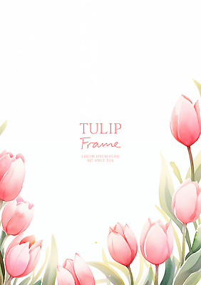 PSD 분홍색 잎 일러스트 수채화 사람없음 튤립 꽃프레임 카피스페이스 국내일러스트 식물 꽃 컬러 프레임 공백 파일형식