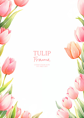 PSD 분홍색 잎 일러스트 수채화 사람없음 튤립 꽃프레임 카피스페이스 국내일러스트 식물 꽃 컬러 프레임 공백 파일형식