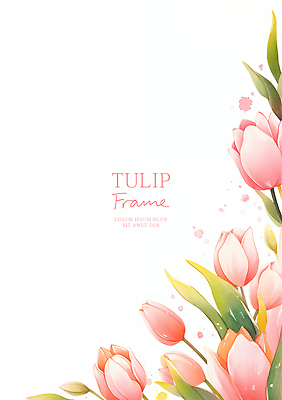 PSD 분홍색 잎 일러스트 수채화 사람없음 튤립 꽃프레임 카피스페이스 국내일러스트 식물 꽃 컬러 프레임 공백 파일형식