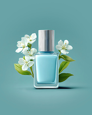 JPG 편집이미지 꽃 하늘색 잎 사람없음 화려 매니큐어 네일용품 목업 편집실사 AI포토 AI콘텐츠 식물 컨셉 파란색 화장품 미용용품 CG 파일형식