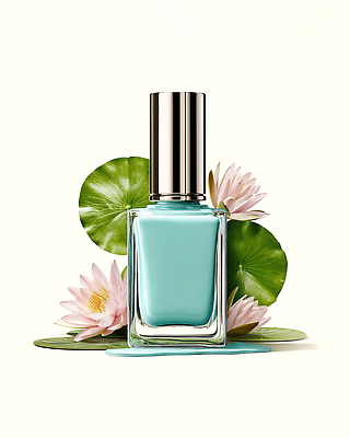 JPG 편집이미지 하늘색 연꽃 사람없음 화려 연잎 매니큐어 네일용품 목업 편집실사 AI포토 AI콘텐츠 꽃 컨셉 잎 파란색 화장품 미용용품 CG 파일형식