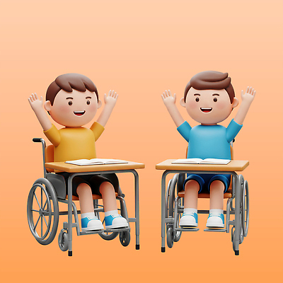 전신 PSD 편집이미지 남자 어린이 3D캐릭터 미소 앉기 소년 두명 책 학습 주황색 펼침 만세 장애인 책상 휠체어 소년만 편집3D 캐릭터 교육 컬러 가구 모션 표정 사람 3D 장애 남자만 어린이만 파일형식