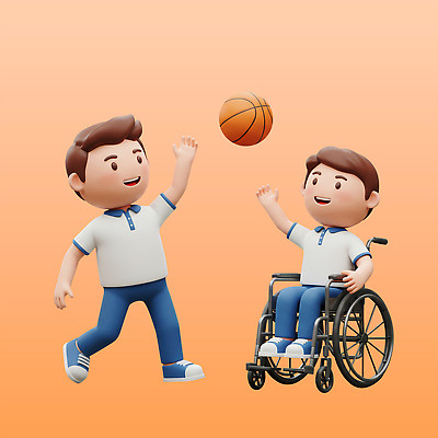 전신 PSD 편집이미지 학생 남자 어린이 농구공 3D캐릭터 미소 앉기 소년 두명 손들기 주황색 장애인 휠체어 체육복 손뻗기 소년만 편집3D 캐릭터 컬러 공 모션 농구 표정 사람 운동복 3D 체육 장애 남자만 어린이만 파일형식