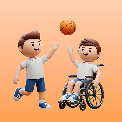 전신 PSD 편집이미지 학생 남자 어린이 농구공 3D캐릭터 미소 앉기 소년 두명 손들기 주황색 장애인 휠체어 체육복 손뻗기 소년만 편집3D 캐릭터 컬러 공 모션 농구 표정 사람 운동복 3D 체육 장애 남자만 어린이만 파일형식