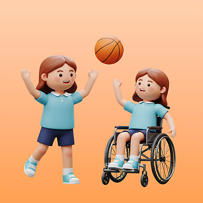 전신 PSD 편집이미지 학생 여자 어린이 농구공 3D캐릭터 미소 앉기 소녀 두명 손들기 주황색 장애인 휠체어 체육복 소녀만 편집3D 캐릭터 컬러 공 모션 농구 표정 사람 운동복 3D 체육 장애 여자만 어린이만 파일형식