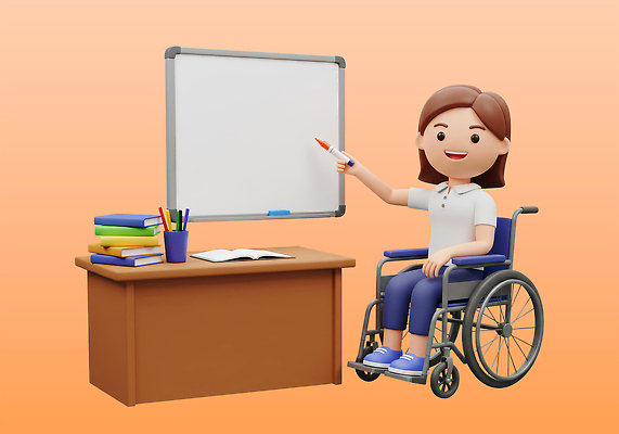 전신 PSD 편집이미지 여자 수업 3D캐릭터 한명 미소 들기 앉기 성인 책 펜 손들기 쌓기 교사 주황색 가리킴 장애인 휠체어 연필꽂이 화이트보드 교탁 성인여자한명만 편집3D 직업 캐릭터 1 교육 컬러 모션 문구용품 표정 사람 손짓 필기구 3D 장애 여자한명만 성인여자만 파일형식