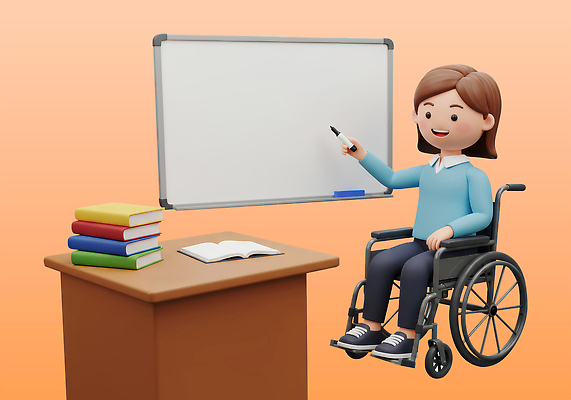 전신 PSD 편집이미지 여자 수업 3D캐릭터 한명 미소 들기 앉기 성인 책 펜 손들기 쌓기 교사 주황색 가리킴 장애인 휠체어 화이트보드 교탁 성인여자한명만 편집3D 직업 캐릭터 1 교육 컬러 모션 표정 사람 손짓 필기구 3D 장애 여자한명만 성인여자만 파일형식