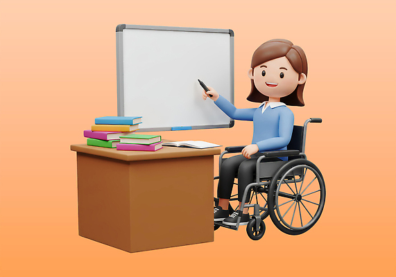 전신 PSD 편집이미지 여자 수업 3D캐릭터 한명 미소 들기 앉기 성인 책 펜 손들기 쌓기 교사 주황색 가리킴 장애인 휠체어 화이트보드 교탁 성인여자한명만 편집3D 직업 캐릭터 1 교육 컬러 모션 표정 사람 손짓 필기구 3D 장애 여자한명만 성인여자만 파일형식