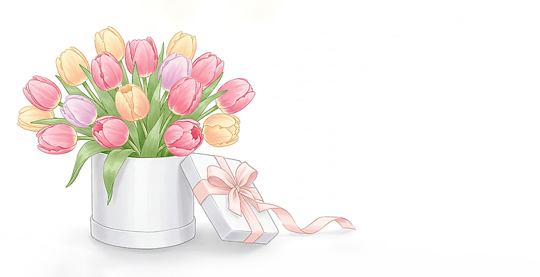 JPG 리본 분홍색 꽃다발 잎 일러스트 봄꽃 사람없음 선물상자 튤립 손그림 국내일러스트 AI일러스트 AI콘텐츠 식물 꽃 컬러 선물 상자 봄 파일형식