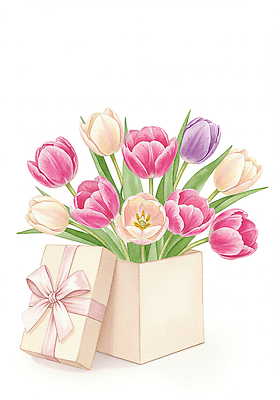 JPG 리본 분홍색 꽃다발 잎 일러스트 봄꽃 사람없음 선물상자 튤립 손그림 국내일러스트 AI일러스트 AI콘텐츠 식물 꽃 컬러 선물 상자 봄 파일형식