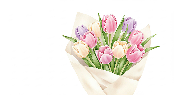 JPG 분홍색 꽃다발 잎 일러스트 봄꽃 사람없음 튤립 손그림 국내일러스트 AI일러스트 AI콘텐츠 식물 꽃 컬러 봄 파일형식