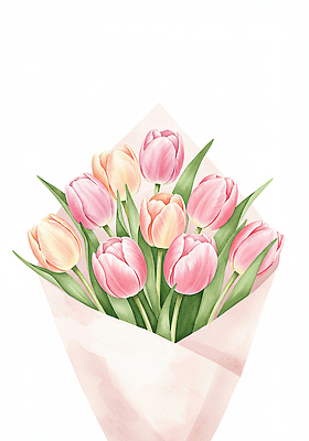 JPG 분홍색 꽃다발 잎 일러스트 봄꽃 사람없음 튤립 손그림 국내일러스트 AI일러스트 AI콘텐츠 식물 꽃 컬러 봄 파일형식