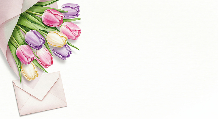 JPG 분홍색 꽃다발 잎 일러스트 봄꽃 편지봉투 사람없음 튤립 손그림 국내일러스트 AI일러스트 AI콘텐츠 식물 꽃 컬러 봉투 봄 편지 파일형식