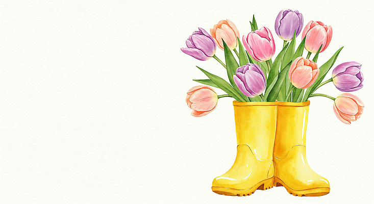 JPG 분홍색 꽃다발 잎 일러스트 봄꽃 장화 사람없음 튤립 손그림 국내일러스트 AI일러스트 AI콘텐츠 식물 꽃 컬러 신발 봄 파일형식