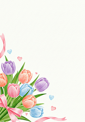 JPG 리본 분홍색 꽃다발 잎 일러스트 봄꽃 사람없음 튤립 하트 손그림 국내일러스트 AI일러스트 AI콘텐츠 모양 식물 꽃 컬러 봄 파일형식