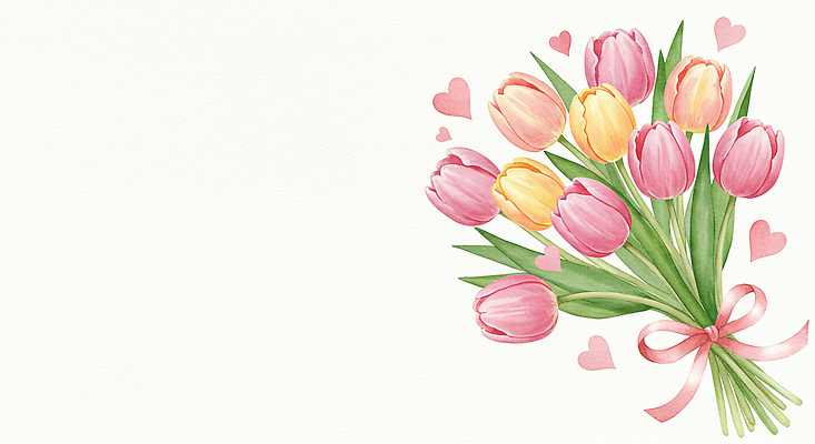 JPG 리본 분홍색 꽃다발 잎 일러스트 봄꽃 사람없음 튤립 하트 손그림 국내일러스트 AI일러스트 AI콘텐츠 모양 식물 꽃 컬러 봄 파일형식