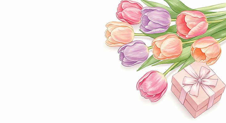 JPG 리본 분홍색 꽃다발 잎 일러스트 봄꽃 사람없음 선물상자 튤립 손그림 국내일러스트 AI일러스트 AI콘텐츠 식물 꽃 컬러 선물 상자 봄 파일형식