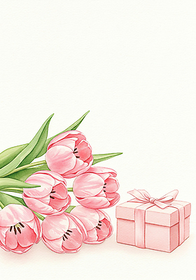 JPG 리본 분홍색 꽃다발 잎 일러스트 봄꽃 사람없음 선물상자 튤립 손그림 국내일러스트 AI일러스트 AI콘텐츠 식물 꽃 컬러 선물 상자 봄 파일형식