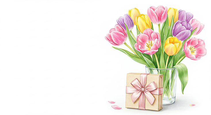JPG 꽃잎 리본 분홍색 꽃다발 잎 일러스트 봄꽃 사람없음 선물상자 꽃병 튤립 손그림 국내일러스트 AI일러스트 AI콘텐츠 식물 꽃 컬러 선물 상자 봄 파일형식