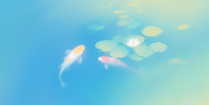 JPG 일러스트 연꽃 사람없음 파란색 연못 연잎 잉어 뿌연 몽환 국내일러스트 AI일러스트 AI콘텐츠 꽃 컬러 컨셉 잎 어류 파일형식