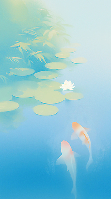 JPG 일러스트 연꽃 사람없음 파란색 연못 연잎 잉어 뿌연 몽환 국내일러스트 AI일러스트 AI콘텐츠 꽃 컬러 컨셉 잎 어류 파일형식