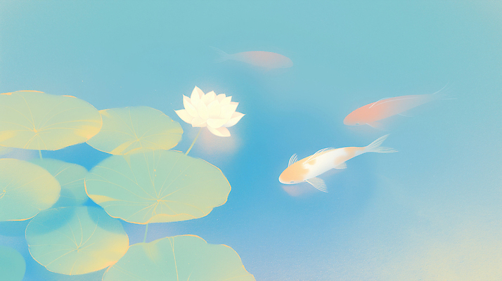 JPG 일러스트 연꽃 사람없음 파란색 연못 연잎 잉어 뿌연 몽환 국내일러스트 AI일러스트 AI콘텐츠 꽃 컬러 컨셉 잎 어류 파일형식
