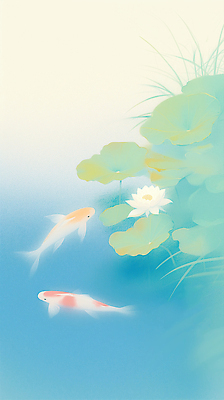 JPG 일러스트 연꽃 사람없음 파란색 연못 연잎 잉어 뿌연 몽환 국내일러스트 AI일러스트 AI콘텐츠 꽃 컬러 컨셉 잎 어류 파일형식