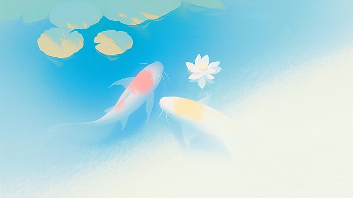 JPG 일러스트 연꽃 사람없음 파란색 연못 연잎 잉어 뿌연 몽환 국내일러스트 AI일러스트 AI콘텐츠 꽃 컬러 컨셉 잎 어류 파일형식