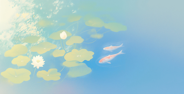 JPG 일러스트 연꽃 사람없음 파란색 연못 연잎 잉어 뿌연 몽환 국내일러스트 AI일러스트 AI콘텐츠 꽃 컬러 컨셉 잎 어류 파일형식