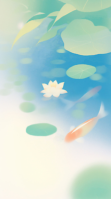 JPG 일러스트 연꽃 사람없음 파란색 연못 연잎 잉어 뿌연 몽환 국내일러스트 AI일러스트 AI콘텐츠 꽃 컬러 컨셉 잎 어류 파일형식