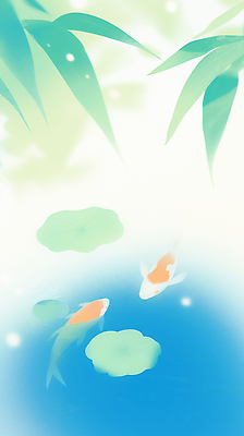 JPG 일러스트 사람없음 파란색 연못 연잎 잉어 뿌연 몽환 국내일러스트 AI일러스트 AI콘텐츠 컬러 컨셉 잎 어류 파일형식